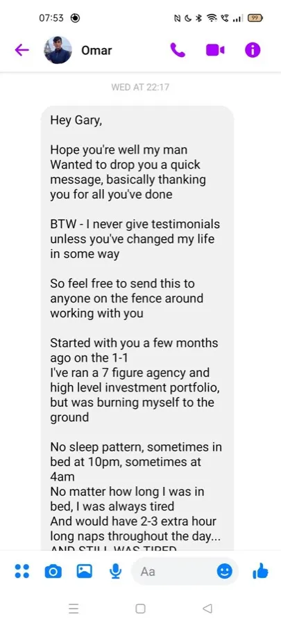 Message from Omar thanking Gary